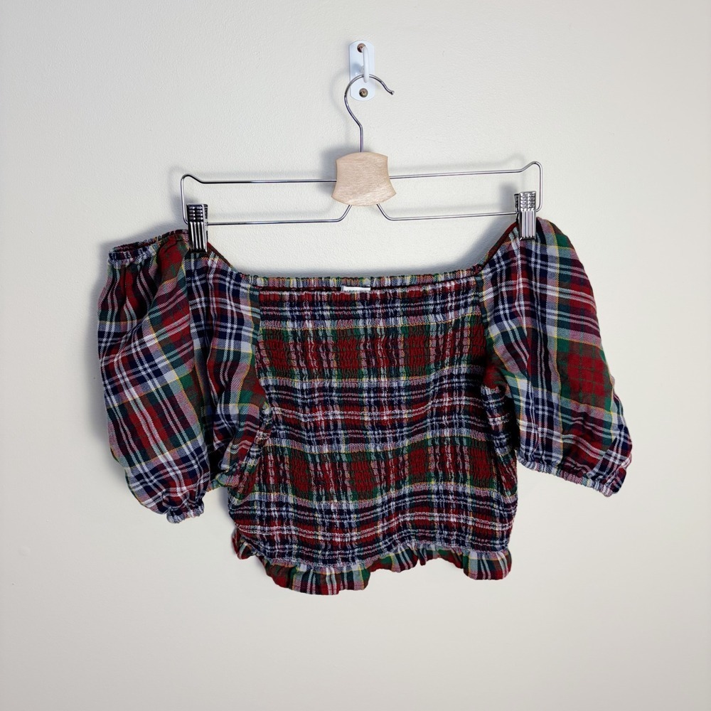 American Eagle Top Women L Red Plaid Smocked Off The Shoulder Puff Sleeve Crop - Picture 7 of 8